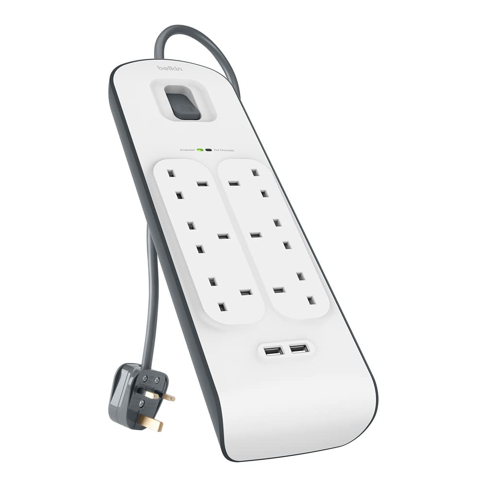BELKIN 6-outlet Surge Protection Strip (2M)| Protective Power Extension Cord Up to 650 Joules, Anti-Power Spikes & Voltage Fluctuations, 2x 2.4 Amp USB-A Charging