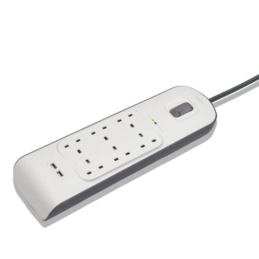 شريط حماية من زيادة التيار الكهربائي من بيلكين بستة منافذ - بطول 2 متر مع منفذي شحن USB بقوة 2.4 أمبير