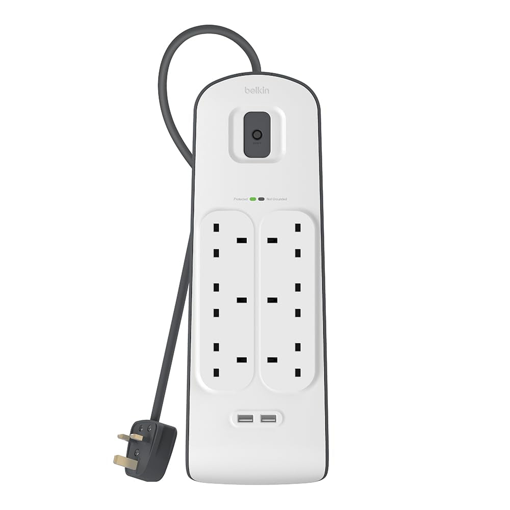 BELKIN 6-outlet Surge Protection Strip (2M)| Protective Power Extension Cord Up to 650 Joules, Anti-Power Spikes & Voltage Fluctuations, 2x 2.4 Amp USB-A Charging