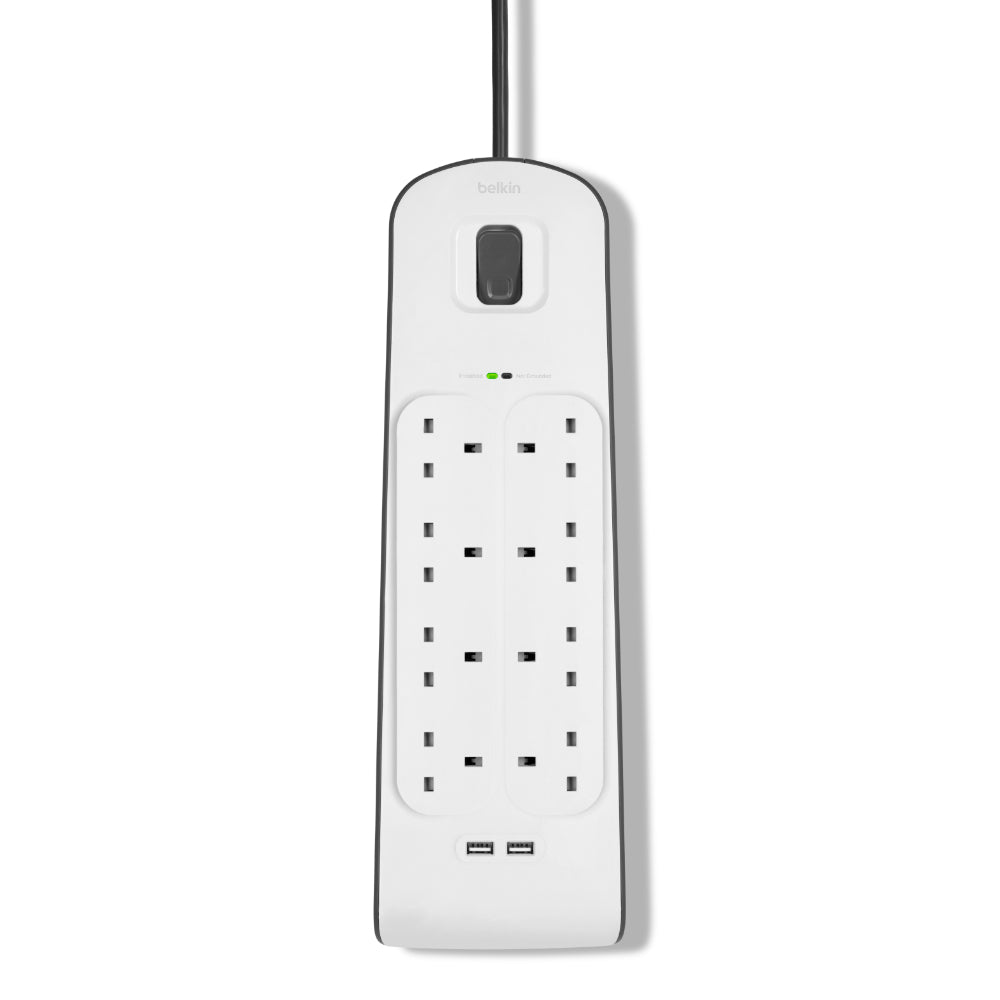 BELKIN 8 Way 2 m Surge Protection Strip with 2 x 2.4 A Shared USB Charging - White