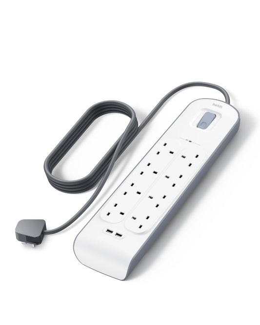 BELKIN 8-outlet Surge Protection Strip (2M)| Protective Power Extension Cord Up to 900 Joules, Anti-Power Spikes & Voltage Fluctuations, 2x 2.4 Amp USB-A Charging