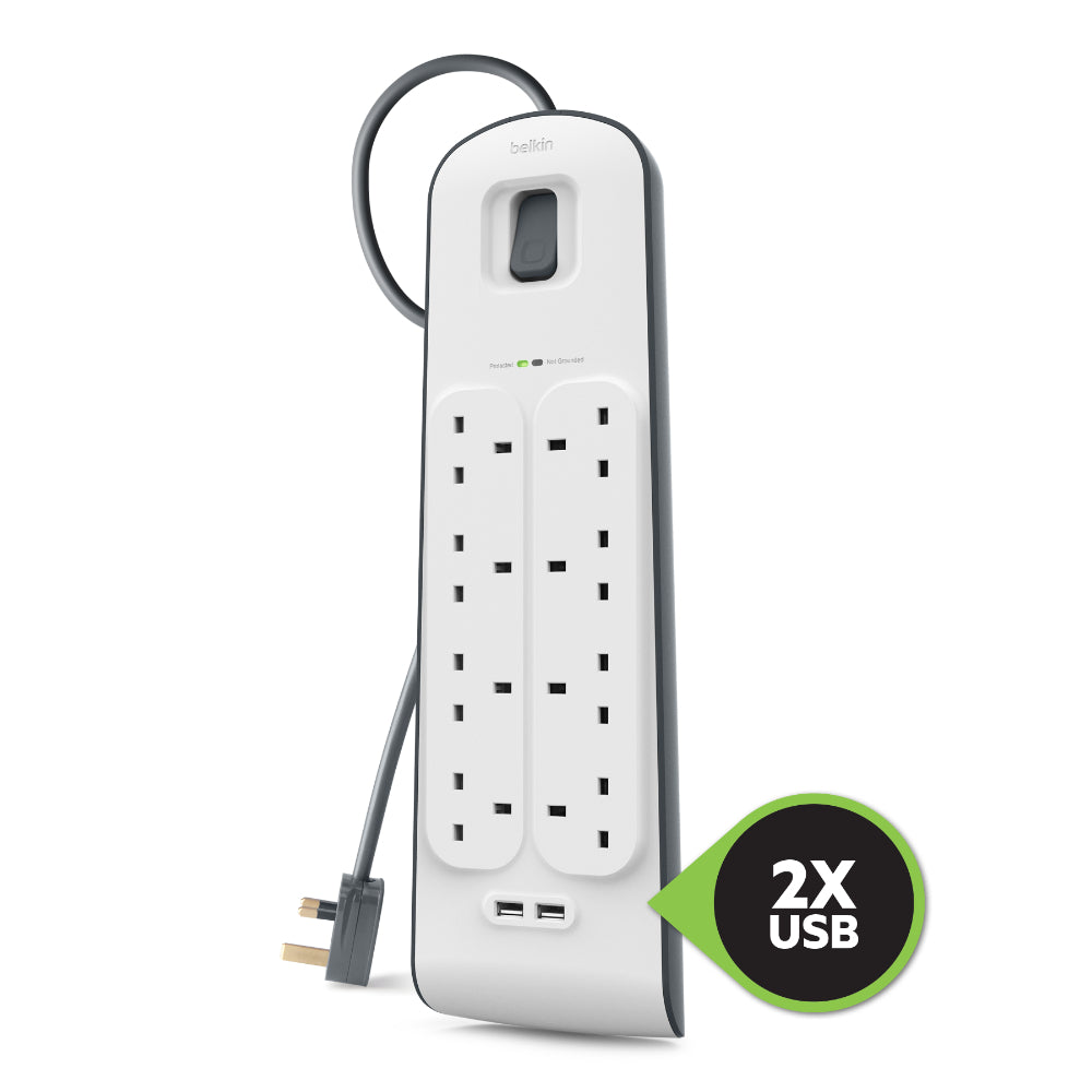 BELKIN 8 Way 2 m Surge Protection Strip with 2 x 2.4 A Shared USB Charging - White