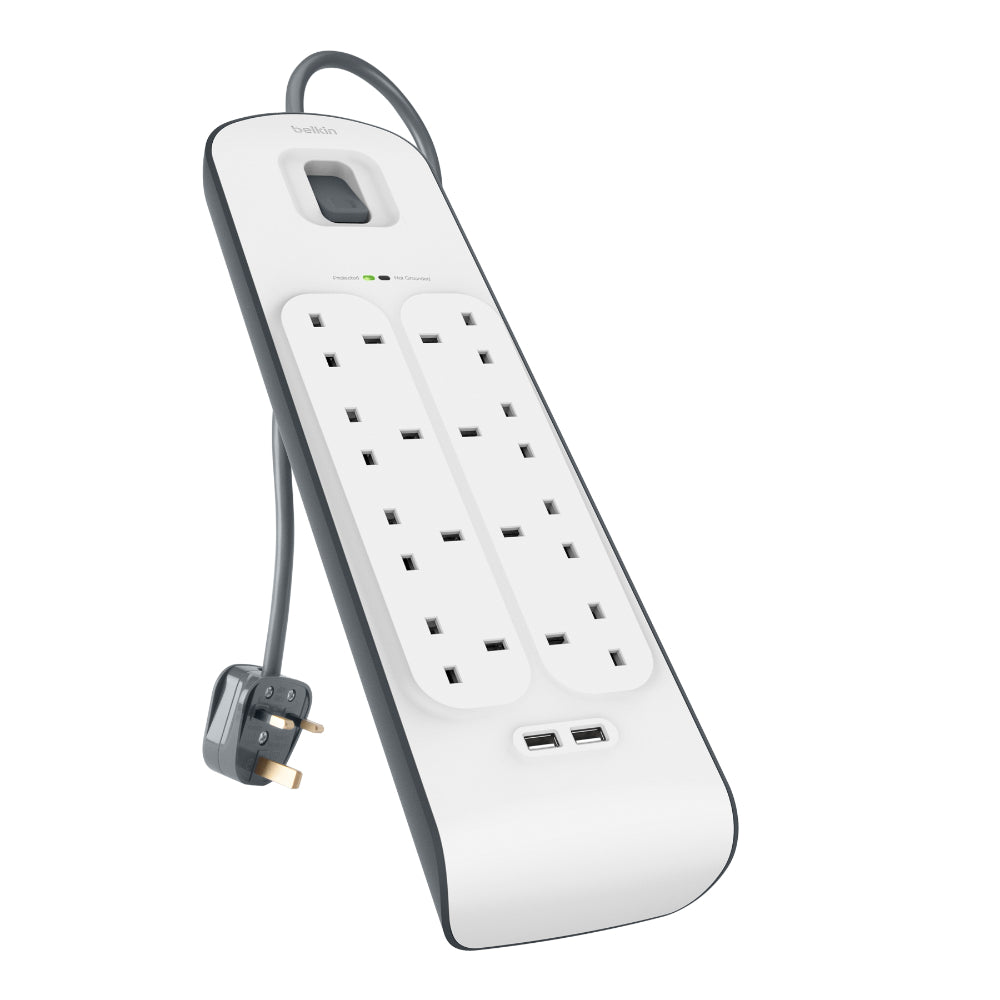 BELKIN 8 Way 2 m Surge Protection Strip with 2 x 2.4 A Shared USB Charging - White
