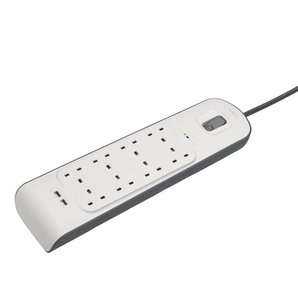 BELKIN 8 Way 2 m Surge Protection Strip with 2 x 2.4 A Shared USB Charging - White