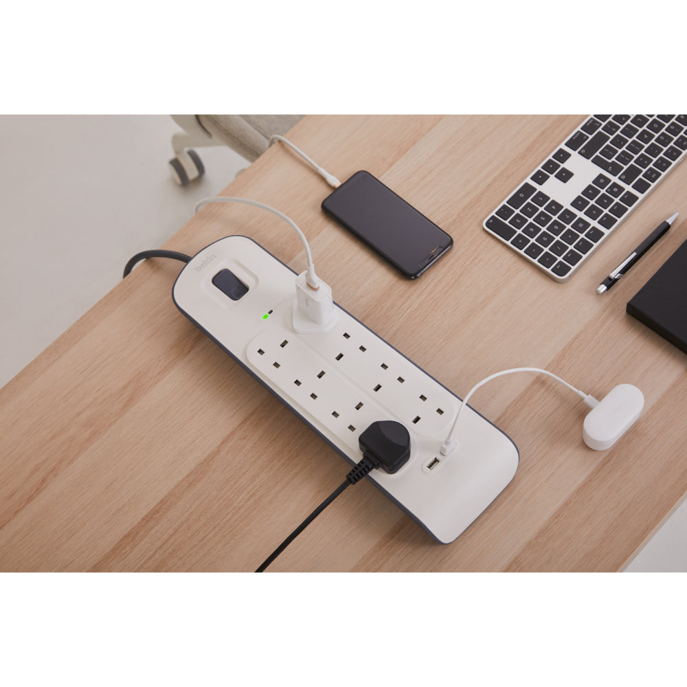 BELKIN 8 Way 2 m Surge Protection Strip with 2 x 2.4 A Shared USB Charging - White