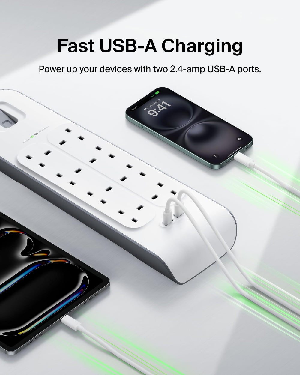 شريط حماية من زيادة التيار الكهربائي من بيلكين، 8 منافذ، بطول 2 متر، مزود بمنفذي شحن USB مشتركين بقوة 2.4 أمبير - أبيض