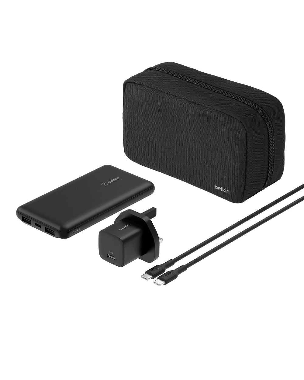 Belkin Travel Kit 3 Power Bundle, 10000mAh Power Bank + 25W Wall Charger + USB-C Cable + Travel Zipper Pouch, for Travel and Leisure, Black