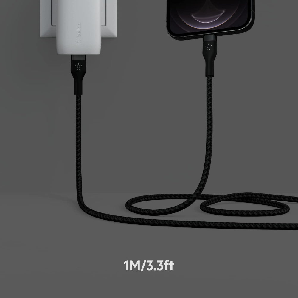 Belkin BOOST?CHARGE Pro Flex USB-C to Lightning Cable 1 Meter - MFi Certified, 25x more Heavy Duty, Includes Cable Clip, for Apple iPhone 13/12/11 Pro/Pro Max/Mini/X/8/8 Plus/iPad/Airpods - Black