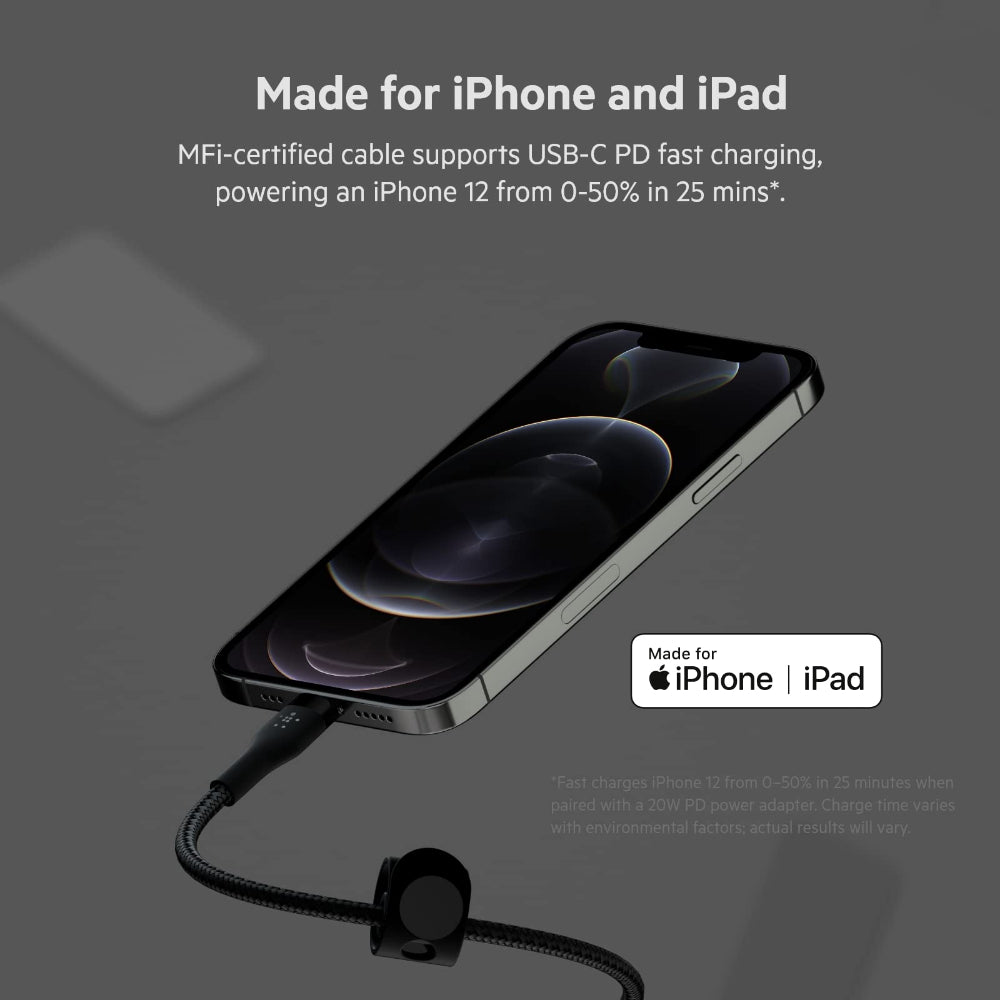 Belkin BOOST?CHARGE Pro Flex USB-C to Lightning Cable 1 Meter - MFi Certified, 25x more Heavy Duty, Includes Cable Clip, for Apple iPhone 13/12/11 Pro/Pro Max/Mini/X/8/8 Plus/iPad/Airpods - Black