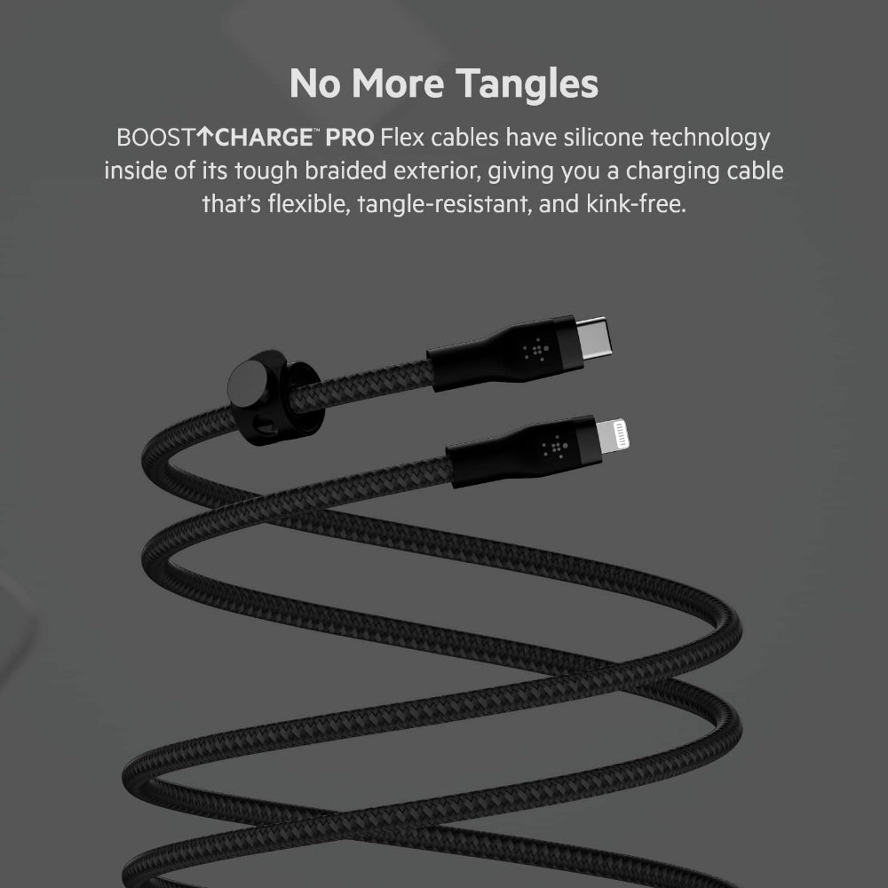 Belkin BOOST?CHARGE Pro Flex USB-C to Lightning Cable 1 Meter - MFi Certified, 25x more Heavy Duty, Includes Cable Clip, for Apple iPhone 13/12/11 Pro/Pro Max/Mini/X/8/8 Plus/iPad/Airpods - Black