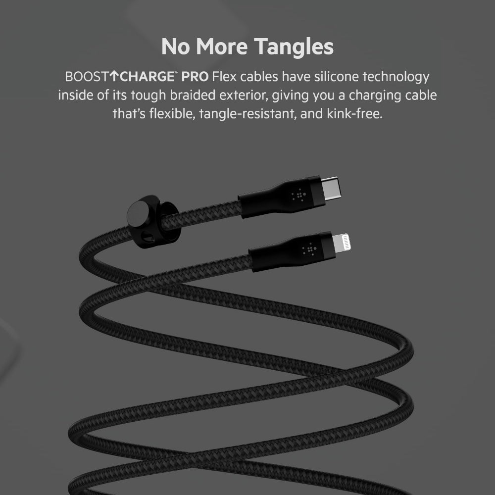 Belkin BOOST?CHARGE Pro Flex USB-C to Lightning Cable 3 Meters - MFi Certified, 30x more Heavy Duty, Includes Cable Clip, for Apple iPhone 13/12/11 Pro/Pro Max/Mini/X/8/8 Plus/iPad/Airpods - Black