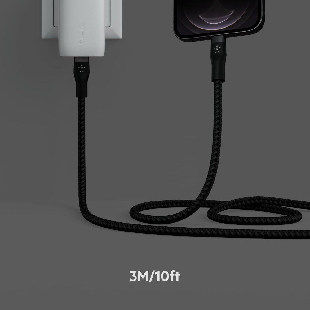 Belkin BOOST?CHARGE Pro Flex USB-C to Lightning Cable 3 Meters - MFi Certified, 30x more Heavy Duty, Includes Cable Clip, for Apple iPhone 13/12/11 Pro/Pro Max/Mini/X/8/8 Plus/iPad/Airpods - Black