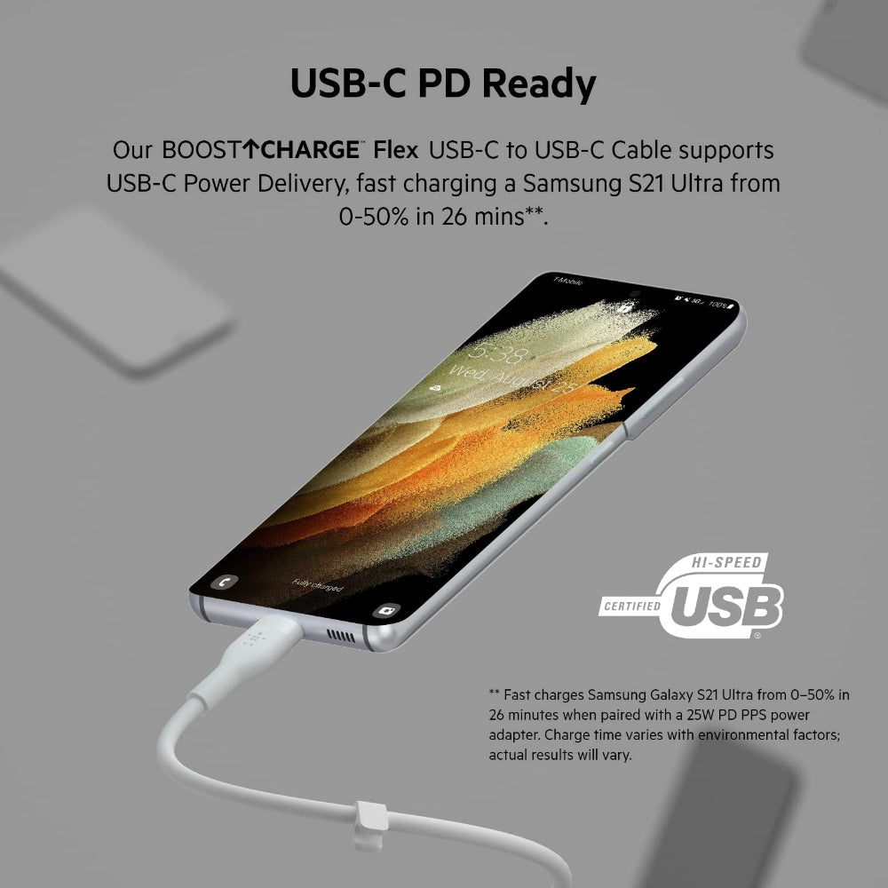 كابل بيلكين - سيليكون - من نوع C إلى C - 2.0 - 1 متر - أسود / أبيض - عبوة من قطعتين