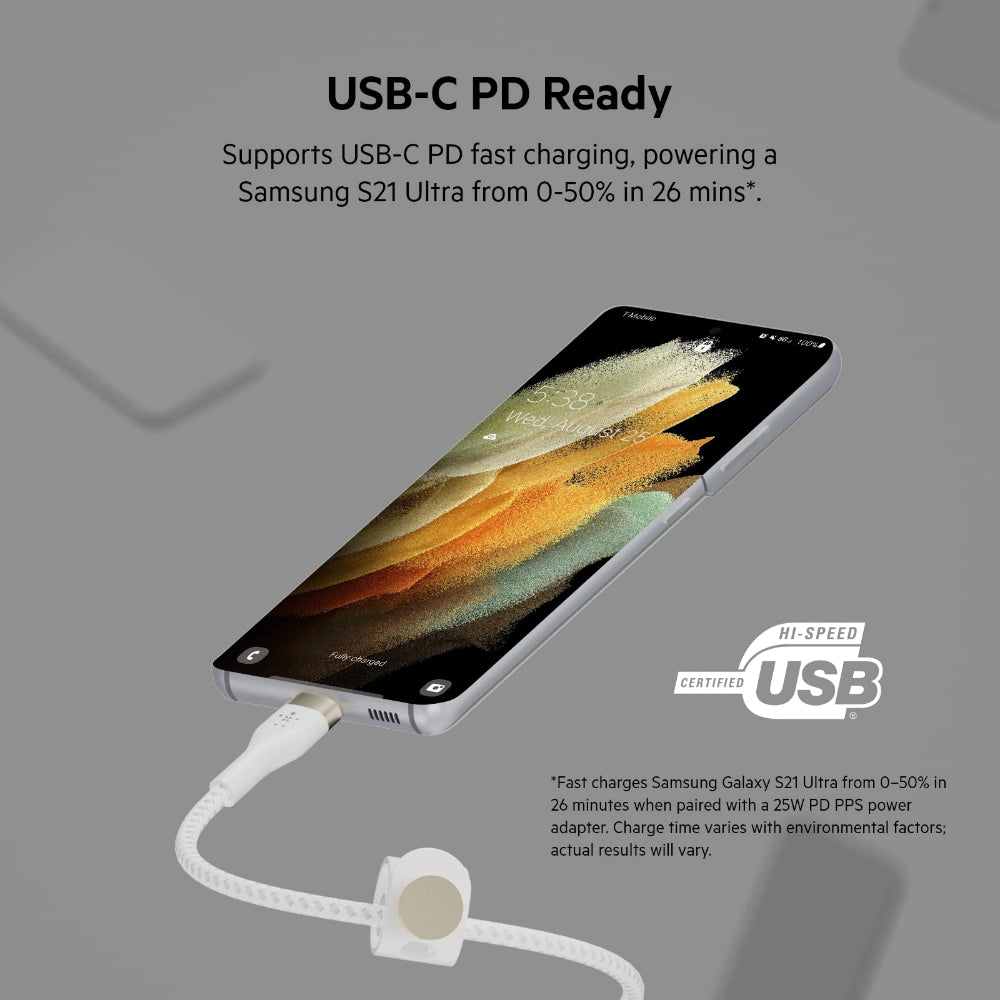 Belkin BoostCharge Pro Flex Braided USB-C to USB-C Charge & Sync Cable 1M| Fast Charge Power Delivery, Heavy Duty, for Apple MacBook Air/Pro, iPad Pro/Air/Mini, Samsung Galaxy S23/22 Ultra - White