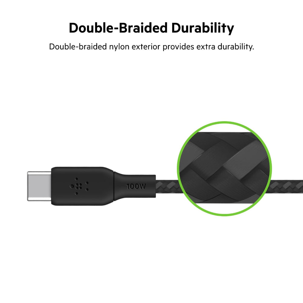 Belkin BoostCharge USB-C to USB-C Braided Cable (3M) 100 Watts - Ultra Fast Charging & Data Cable, USB2.0, 100W PD, USB-IF Certified, for Apple MacBooks, iPad, Windows Laptops, Chromebook -Black
