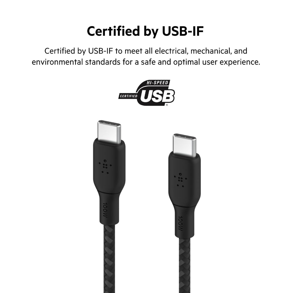 Belkin BoostCharge USB-C to USB-C Braided Cable (3M) 100 Watts - Ultra Fast Charging & Data Cable, USB2.0, 100W PD, USB-IF Certified, for Apple MacBooks, iPad, Windows Laptops, Chromebook -Black