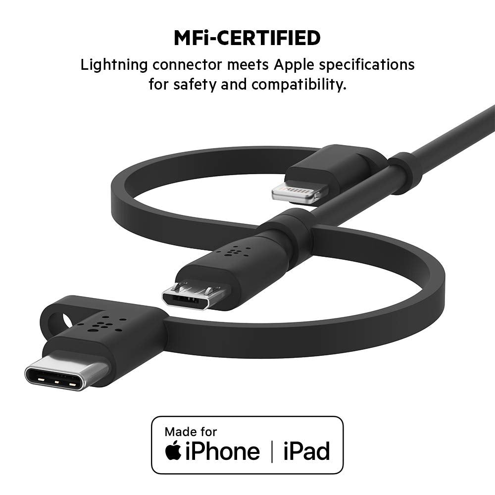 Belkin BoostCharge Universal 3-in-1 Cable 15W (USB-A cable with USB-C, Micro-USB and Lightning connectors) 1M| Universal Charge & Sync Cable, for Apple iOS, Android, and Micro USB devices - Black