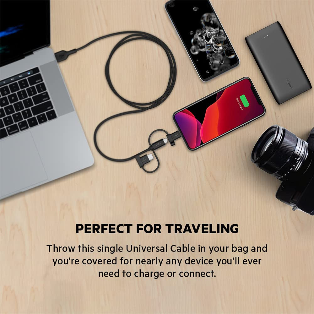 Belkin BoostCharge Universal 3-in-1 Cable 15W (USB-A cable with USB-C, Micro-USB and Lightning connectors) 1M| Universal Charge & Sync Cable, for Apple iOS, Android, and Micro USB devices - Black