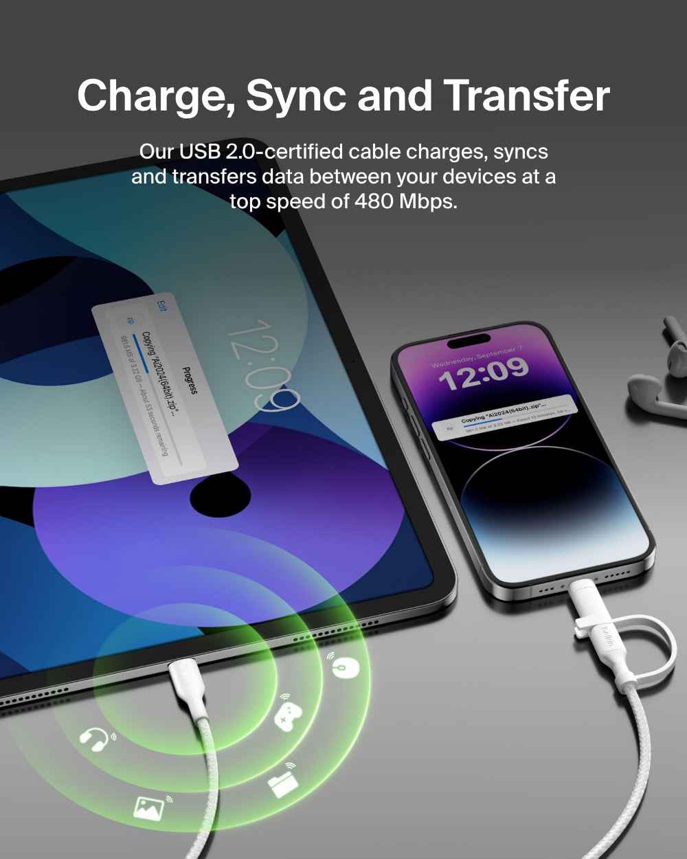 BELKIN BoostCharge Pro 2-in-1 Cable(1.5m)| USB-C + Lightning Connector, Strong Braided Nylon, Ideal for iPhone 16/15/14/13/12/11/x/8, iPad/iPad Pro, Airpods, Samsung, Android devices and more - White