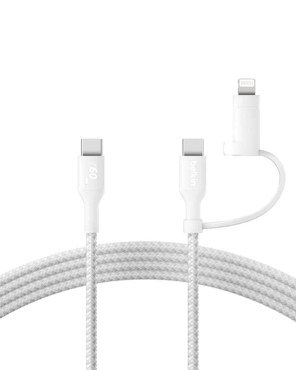 BELKIN BoostCharge Pro 2-in-1 Cable(1.5m)| USB-C + Lightning Connector, Strong Braided Nylon, Ideal for iPhone 16/15/14/13/12/11/x/8, iPad/iPad Pro, Airpods, Samsung, Android devices and more - White