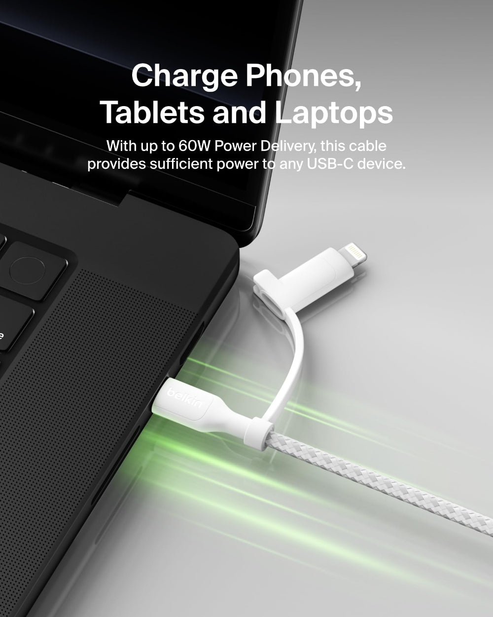 BELKIN BoostCharge Pro 2-in-1 Cable(1.5m)| USB-C + Lightning Connector, Strong Braided Nylon, Ideal for iPhone 16/15/14/13/12/11/x/8, iPad/iPad Pro, Airpods, Samsung, Android devices and more - White