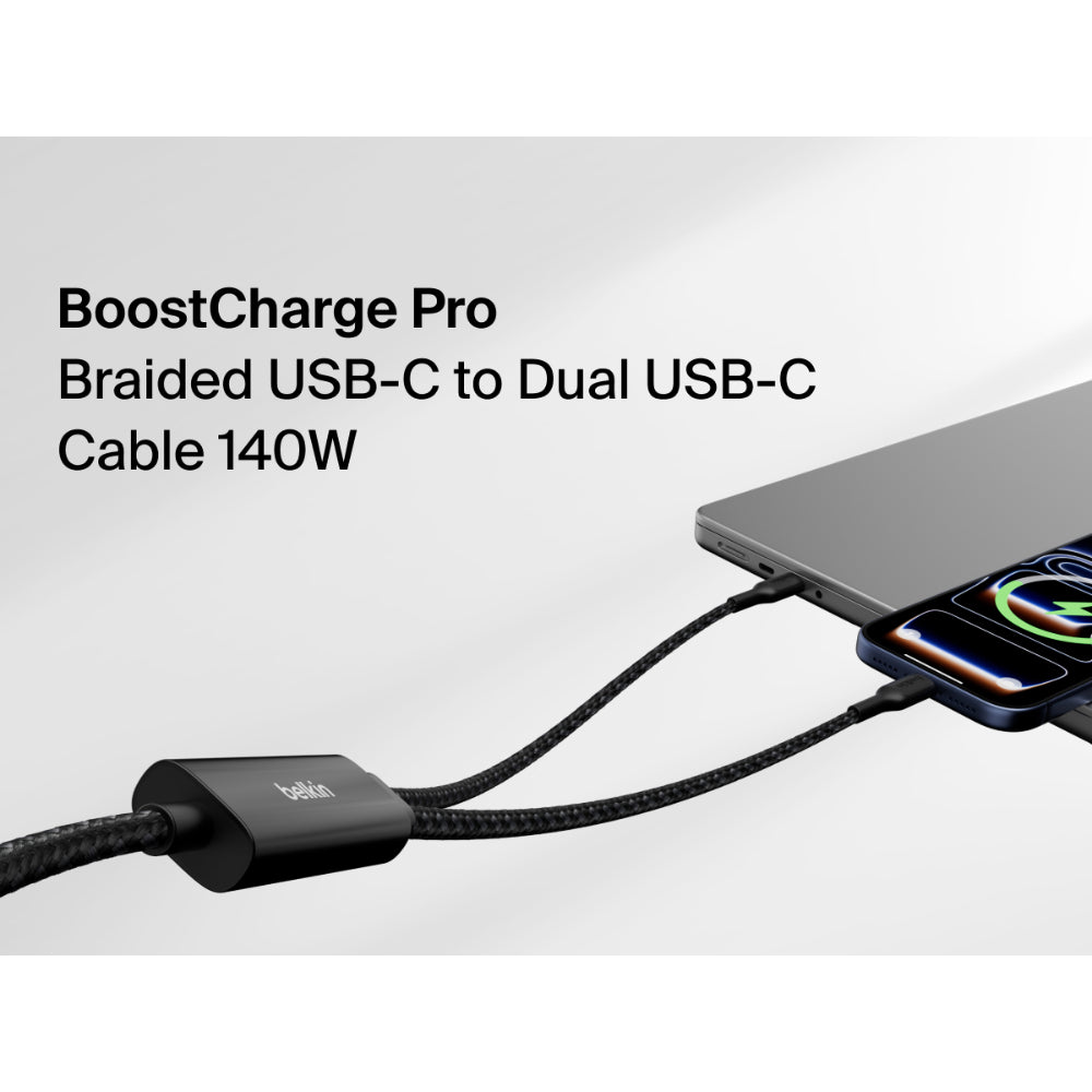 Belkin BoostCharge Pro 2-in-1 USB C to USB C Charger Cable 140W, Braided Dual Charging Cable - Fast-Charging Combo Cord with Smart Power Sharing for MacBook, iPhone, iPad, Samsung, Pixel, etc - Black