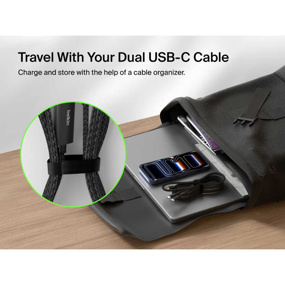 Belkin BoostCharge Pro 2-in-1 USB C to USB C Charger Cable 140W, Braided Dual Charging Cable - Fast-Charging Combo Cord with Smart Power Sharing for MacBook, iPhone, iPad, Samsung, Pixel, etc - Black