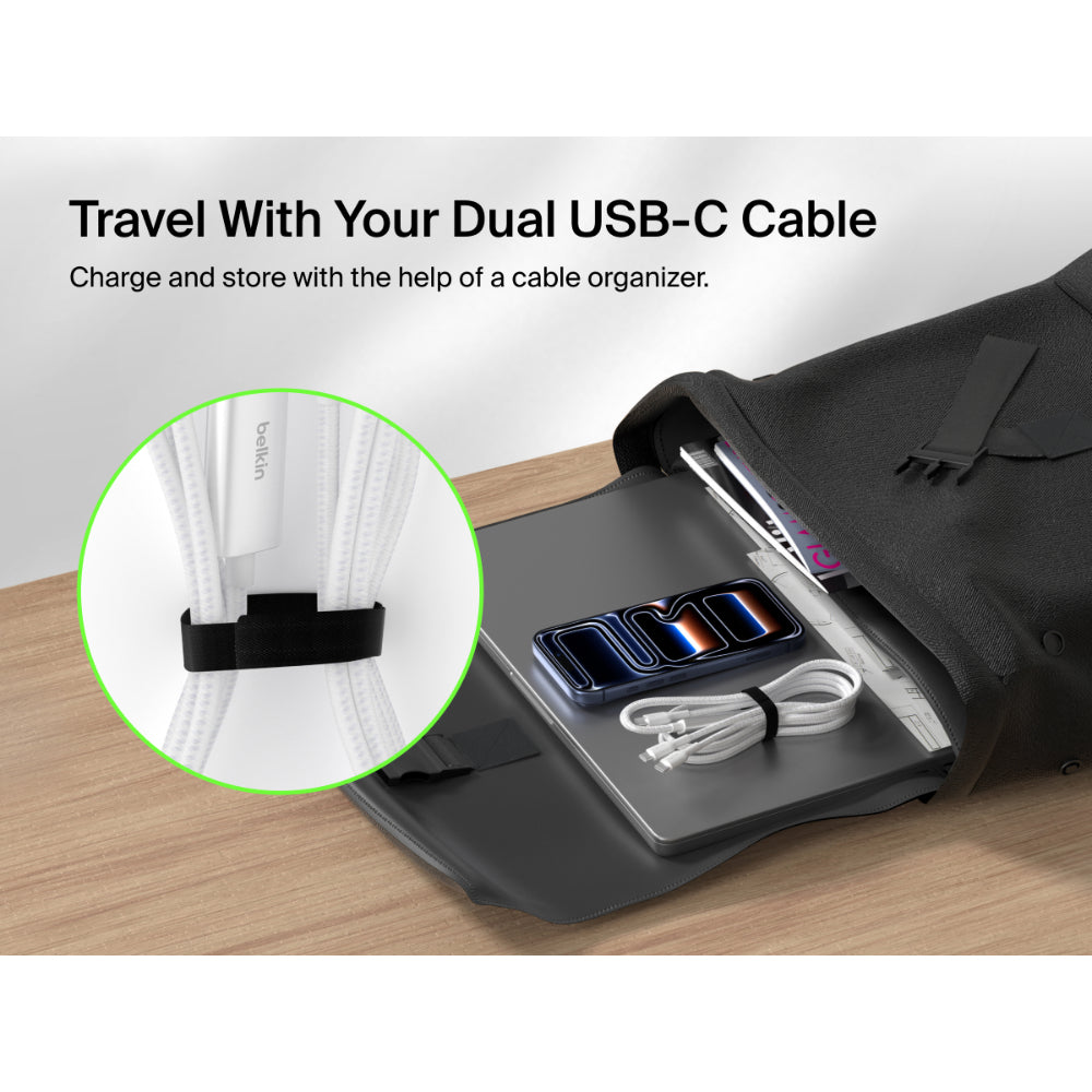 Belkin BoostCharge Pro 2-in-1 USB C to USB C Charger Cable 140W, Braided Dual Charging Cable - Fast-Charging Combo Cord with Smart Power Sharing for MacBook, iPhone, iPad, Samsung, Pixel, etc - White