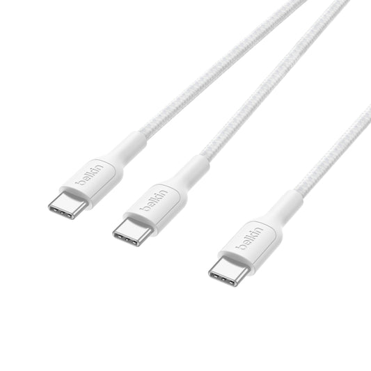 Belkin BoostCharge Pro 2-in-1 USB C to USB C Charger Cable 140W, Braided Dual Charging Cable - Fast-Charging Combo Cord with Smart Power Sharing for MacBook, iPhone, iPad, Samsung, Pixel, etc - White