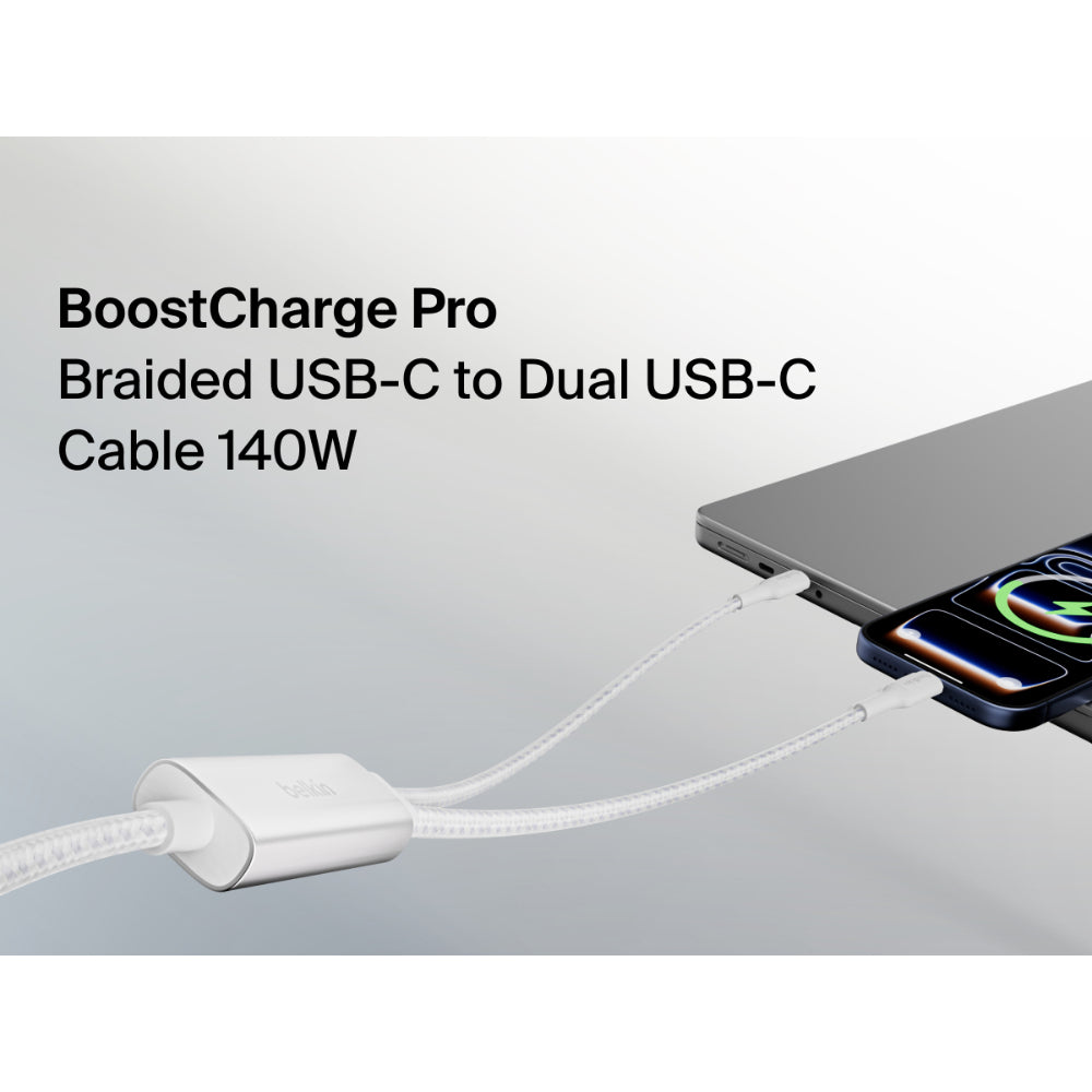 Belkin BoostCharge Pro 2-in-1 USB C to USB C Charger Cable 140W, Braided Dual Charging Cable - Fast-Charging Combo Cord with Smart Power Sharing for MacBook, iPhone, iPad, Samsung, Pixel, etc - White