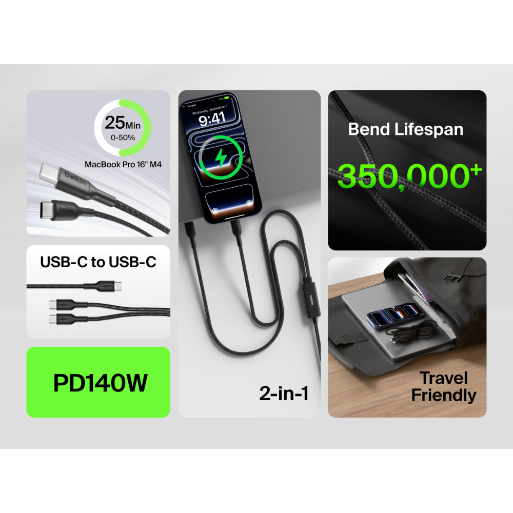 Belkin BoostCharge Pro 2-in-1 USB C to USB C Charger Cable 140W, Braided Dual Charging Cable - Fast-Charging Combo Cord with Smart Power Sharing for MacBook, iPhone, iPad, Samsung, Pixel, etc - Black