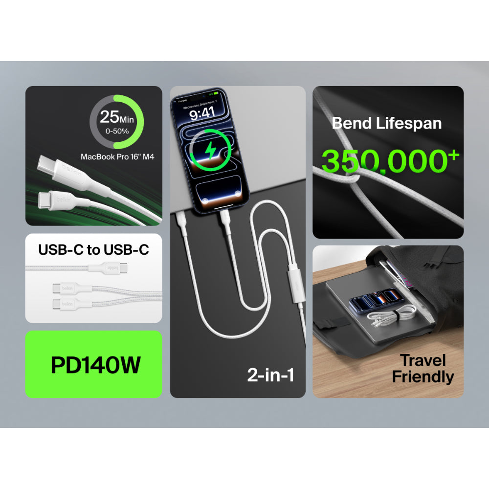 Belkin BoostCharge Pro 2-in-1 USB C to USB C Charger Cable 140W, Braided Dual Charging Cable - Fast-Charging Combo Cord with Smart Power Sharing for MacBook, iPhone, iPad, Samsung, Pixel, etc - White