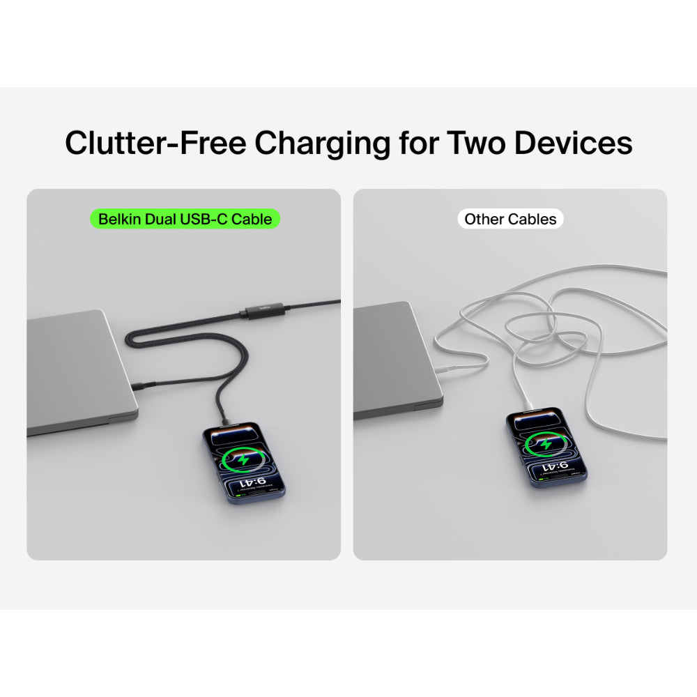 Belkin BoostCharge Pro 2-in-1 USB C to USB C Charger Cable 140W, Braided Dual Charging Cable - Fast-Charging Combo Cord with Smart Power Sharing for MacBook, iPhone, iPad, Samsung, Pixel, etc - Black