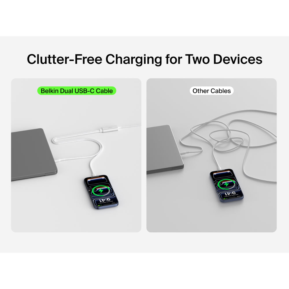 Belkin BoostCharge Pro 2-in-1 USB C to USB C Charger Cable 140W, Braided Dual Charging Cable - Fast-Charging Combo Cord with Smart Power Sharing for MacBook, iPhone, iPad, Samsung, Pixel, etc - White