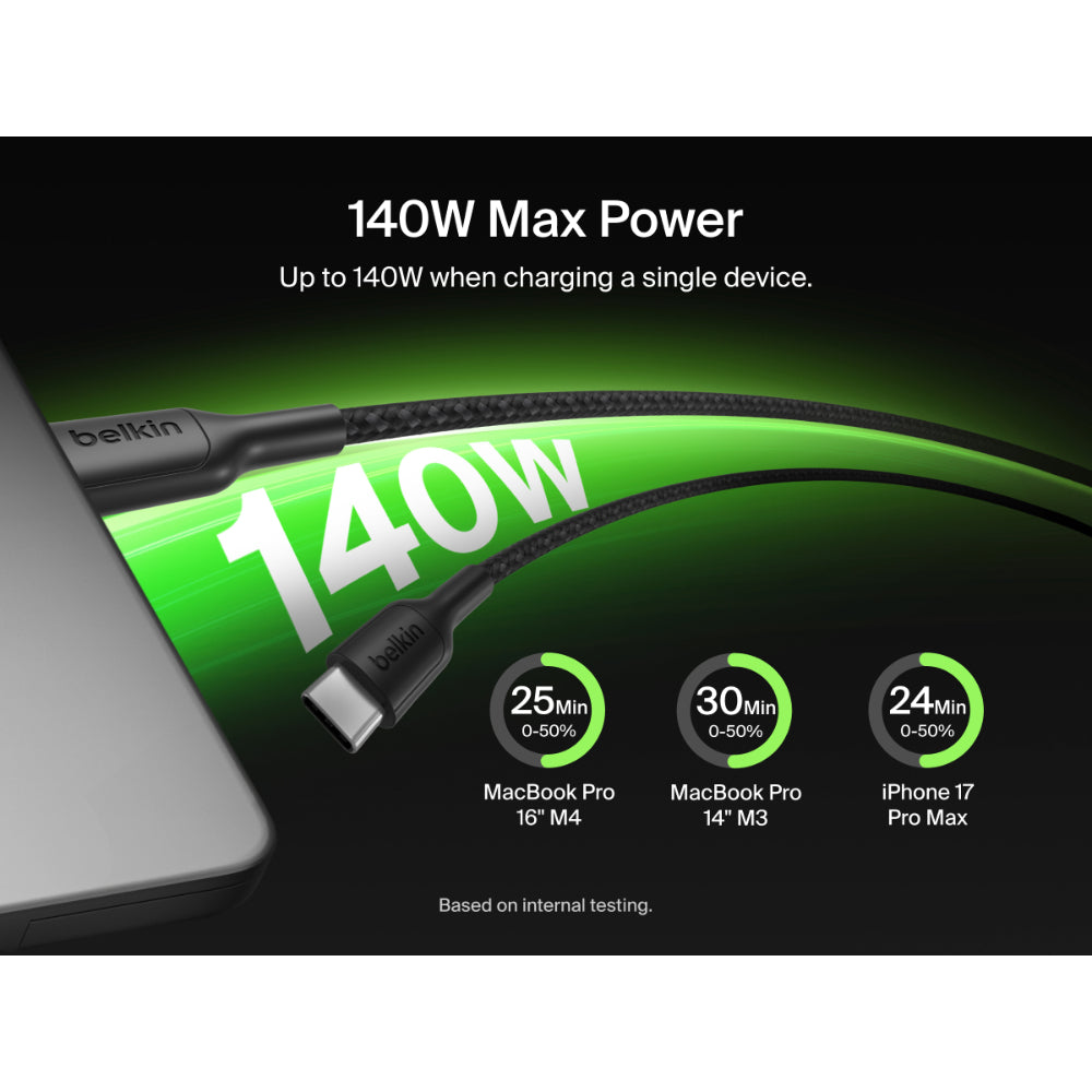 Belkin BoostCharge Pro 2-in-1 USB C to USB C Charger Cable 140W, Braided Dual Charging Cable - Fast-Charging Combo Cord with Smart Power Sharing for MacBook, iPhone, iPad, Samsung, Pixel, etc - Black