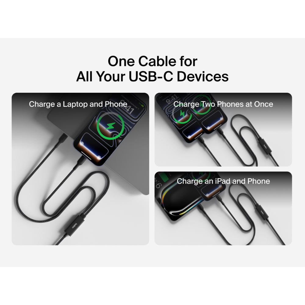 Belkin BoostCharge Pro 2-in-1 USB C to USB C Charger Cable 140W, Braided Dual Charging Cable - Fast-Charging Combo Cord with Smart Power Sharing for MacBook, iPhone, iPad, Samsung, Pixel, etc - Black