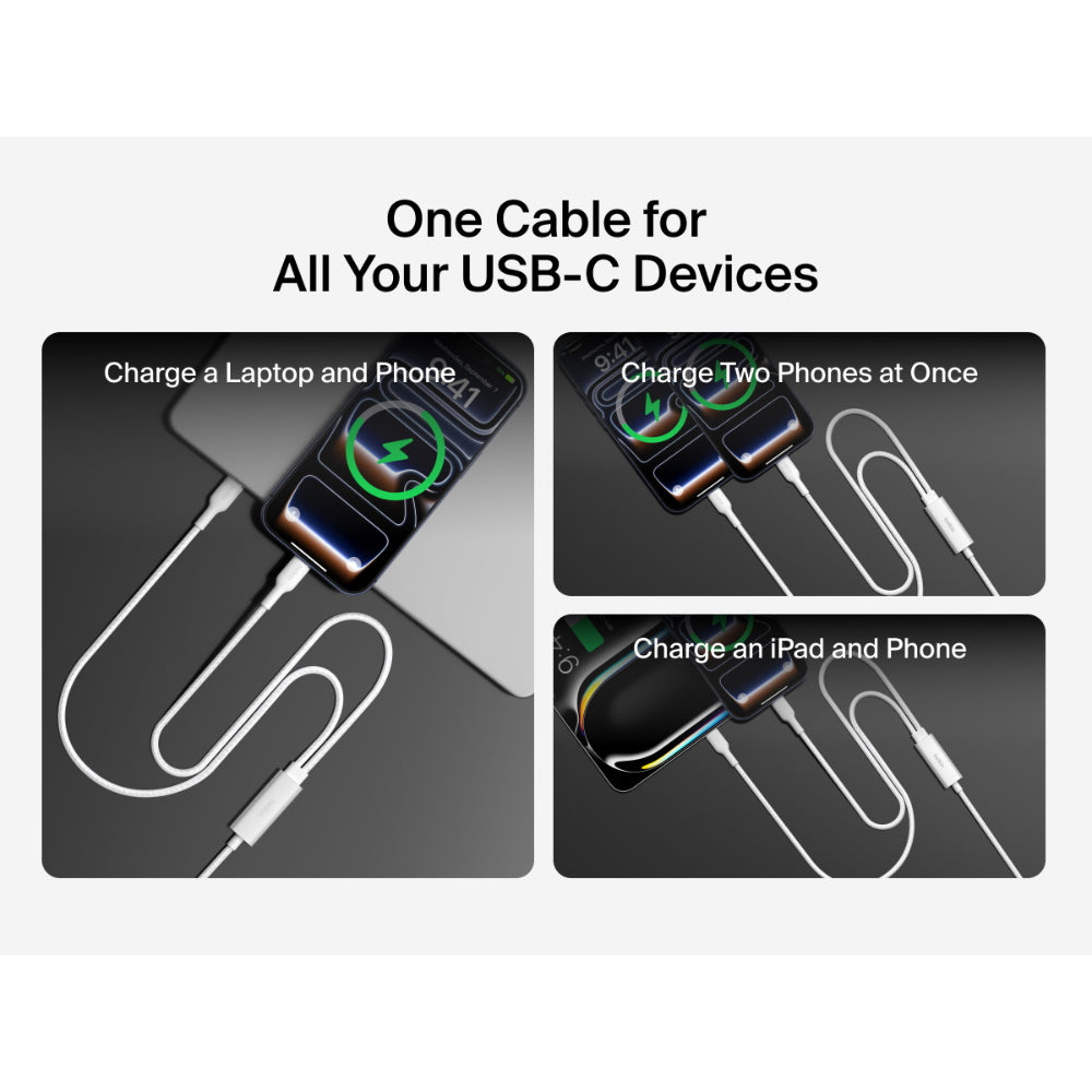 Belkin BoostCharge Pro 2-in-1 USB C to USB C Charger Cable 140W, Braided Dual Charging Cable - Fast-Charging Combo Cord with Smart Power Sharing for MacBook, iPhone, iPad, Samsung, Pixel, etc - White