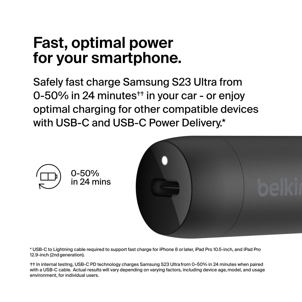 Belkin Boost?Charge 30W Fast Car Charger, Compact Design w/USB-C Power Delivery Port, USB-C to Lightning Cable Included, Universal Compatibility for iPhone 14 Series, iPad, and More - Black