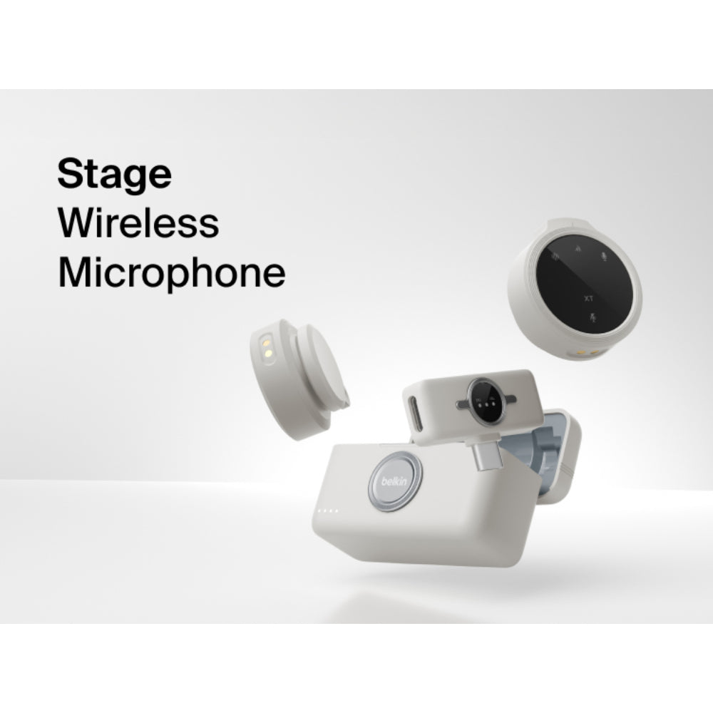 Belkin Stage Wireless Microphone, Dual Omnidirectional Mics with USB-C Receiver, 100m Range, 36H Battery, Noise Reduction, Magnetic Clip, for Content Creators & Vlogging - Sand