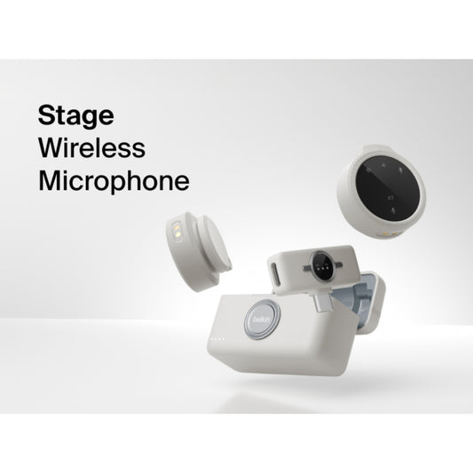 Belkin Stage Wireless Microphone, Dual Omnidirectional Mics with USB-C Receiver, 100m Range, 36H Battery, Noise Reduction, Magnetic Clip, for Content Creators & Vlogging - Sand