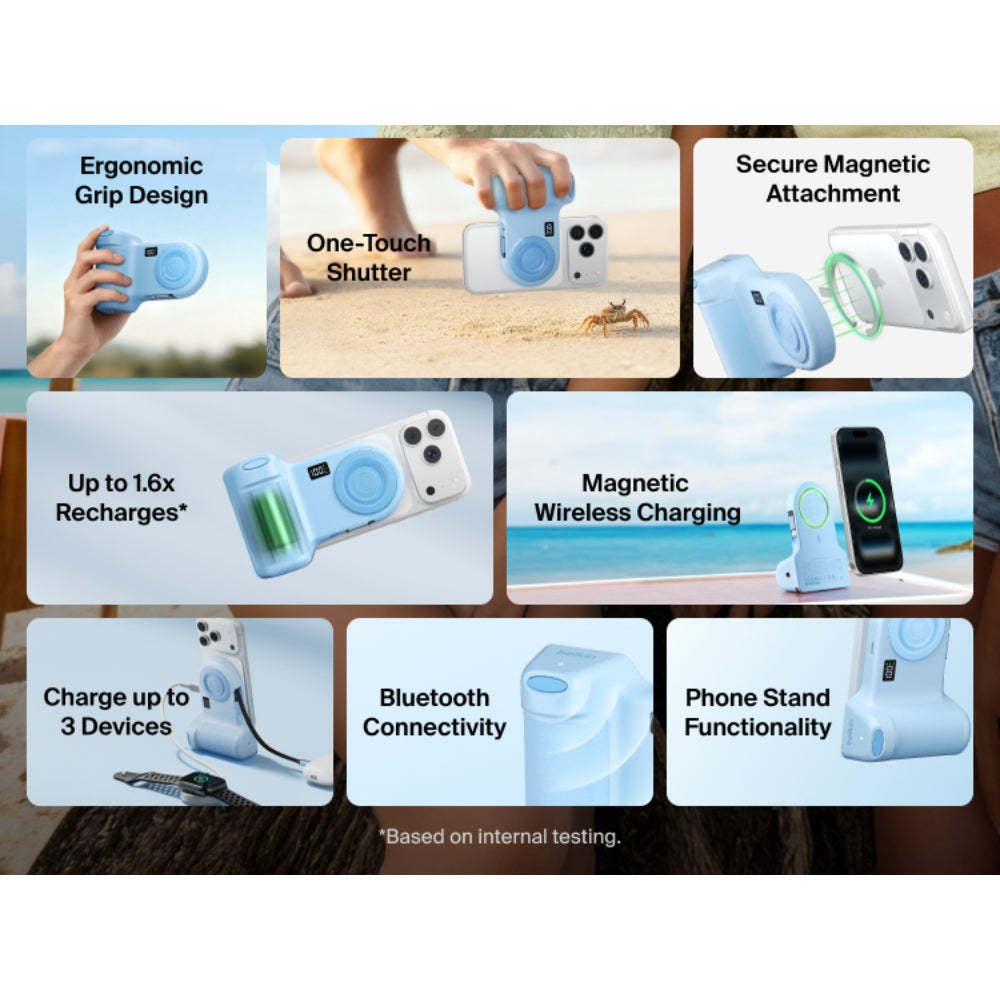 Belkin Stage Powergrip, Magnetic Wireless Charging Camera Grip 9300mAh, Power Bank w/Retractable USB C Cable, Bluetooth, Tripod Attachment, LCD Screen, Portable Charger for iPhone, Google Pixel, etc. - Blue