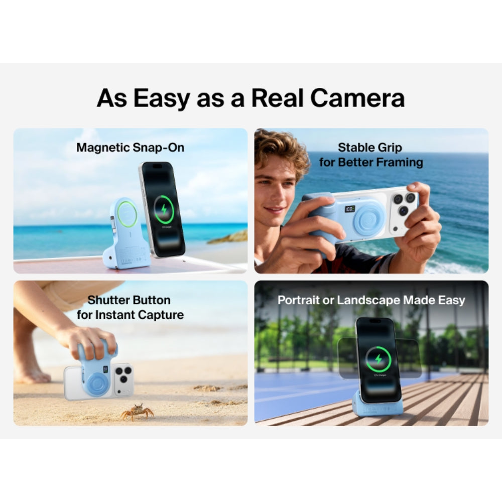 Belkin Stage Powergrip, Magnetic Wireless Charging Camera Grip 9300mAh, Power Bank w/Retractable USB C Cable, Bluetooth, Tripod Attachment, LCD Screen, Portable Charger for iPhone, Google Pixel, etc. - Blue