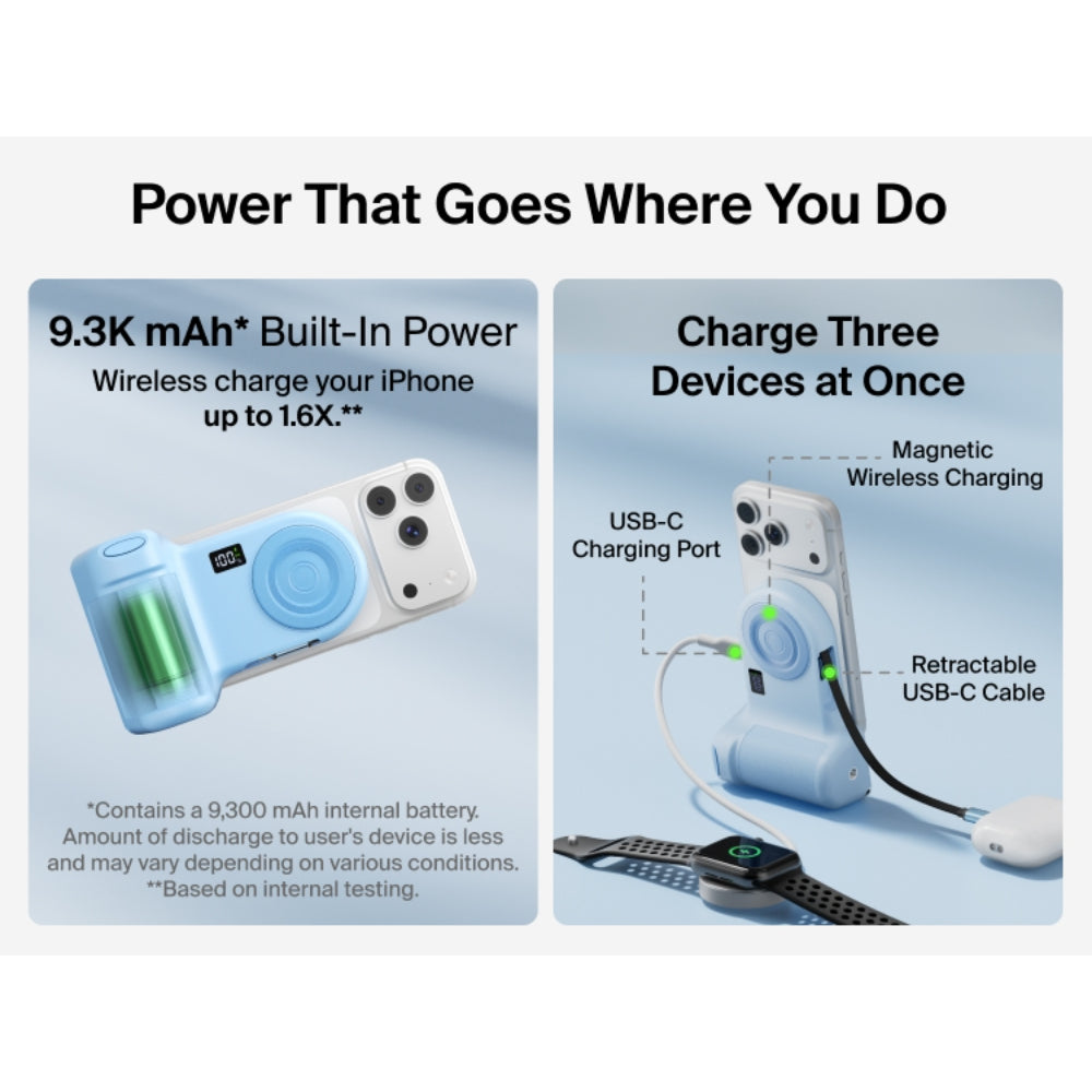 Belkin Stage Powergrip, Magnetic Wireless Charging Camera Grip 9300mAh, Power Bank w/Retractable USB C Cable, Bluetooth, Tripod Attachment, LCD Screen, Portable Charger for iPhone, Google Pixel, etc. - Blue