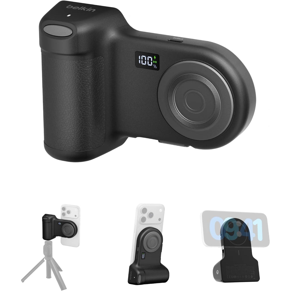 Belkin Stage Powergrip, Magnetic Wireless Charging Camera Grip 9300mAh, Power Bank w/Retractable USB C Cable, Bluetooth, Tripod Attachment, LCD Screen, Portable Charger for iPhone, Google Pixel, etc. - Gray