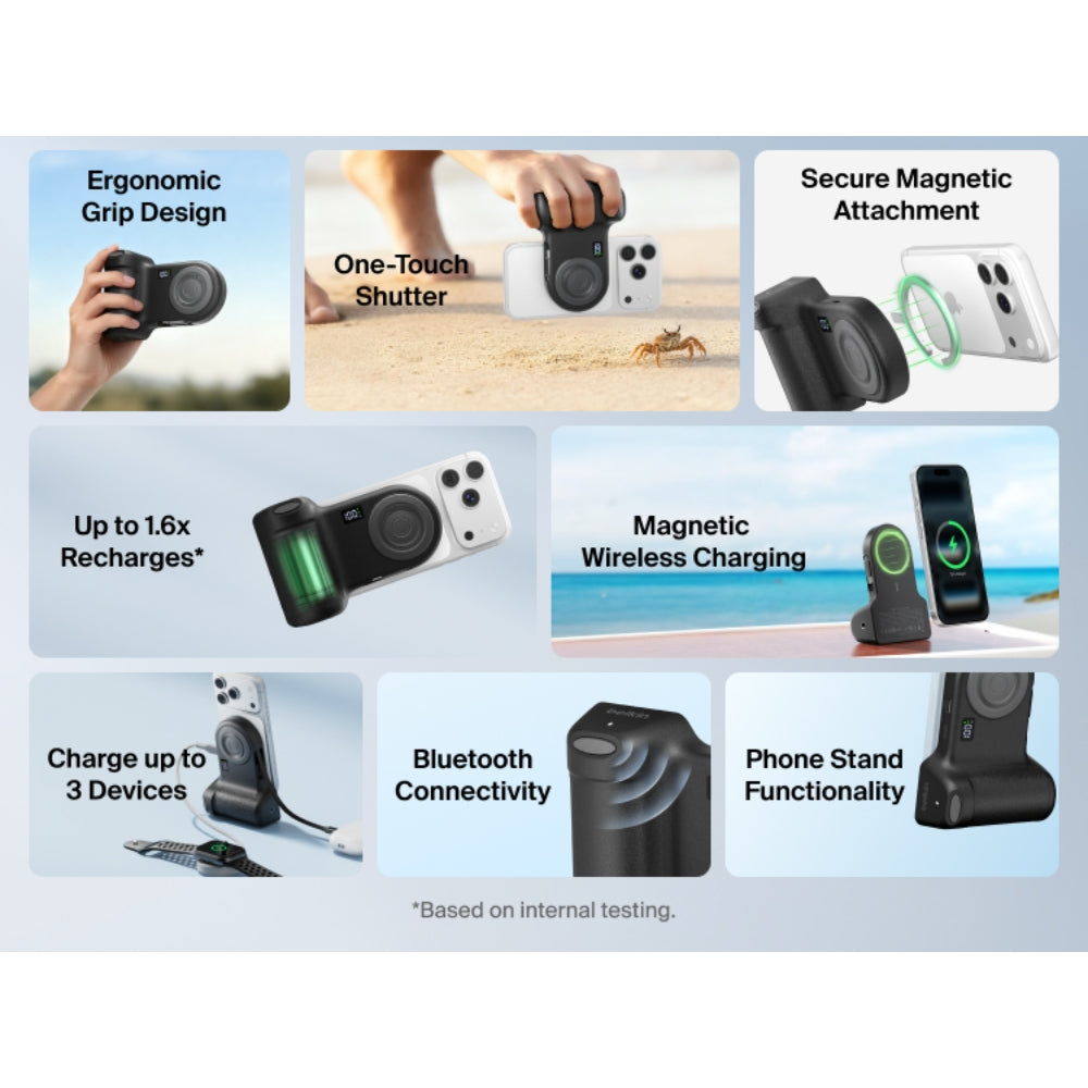 Belkin Stage Powergrip, Magnetic Wireless Charging Camera Grip 9300mAh, Power Bank w/Retractable USB C Cable, Bluetooth, Tripod Attachment, LCD Screen, Portable Charger for iPhone, Google Pixel, etc. - Gray