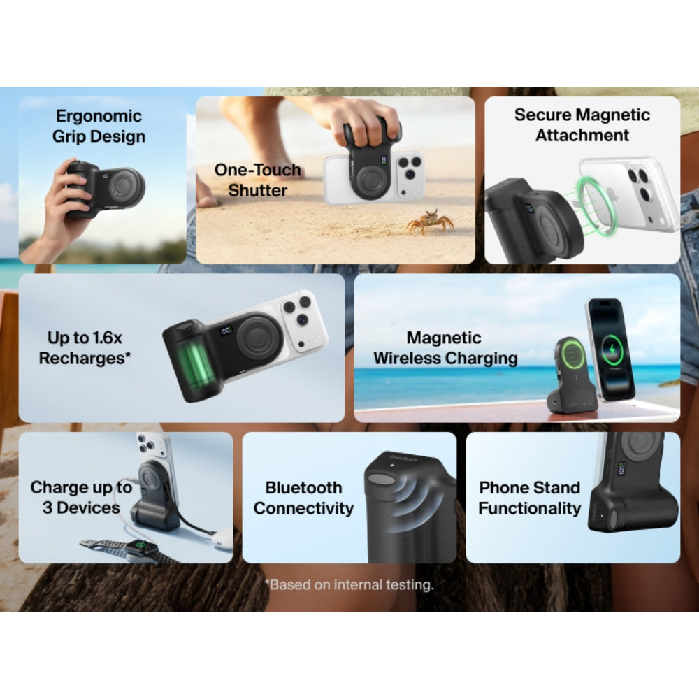Belkin Stage Powergrip, Magnetic Wireless Charging Camera Grip 9300mAh, Power Bank w/Retractable USB C Cable, Bluetooth, Tripod Attachment, LCD Screen, Portable Charger for iPhone, Google Pixel, etc. - Gray