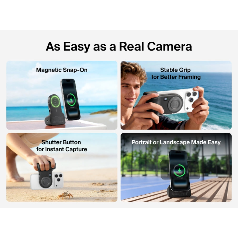 Belkin Stage Powergrip, Magnetic Wireless Charging Camera Grip 9300mAh, Power Bank w/Retractable USB C Cable, Bluetooth, Tripod Attachment, LCD Screen, Portable Charger for iPhone, Google Pixel, etc. - Gray