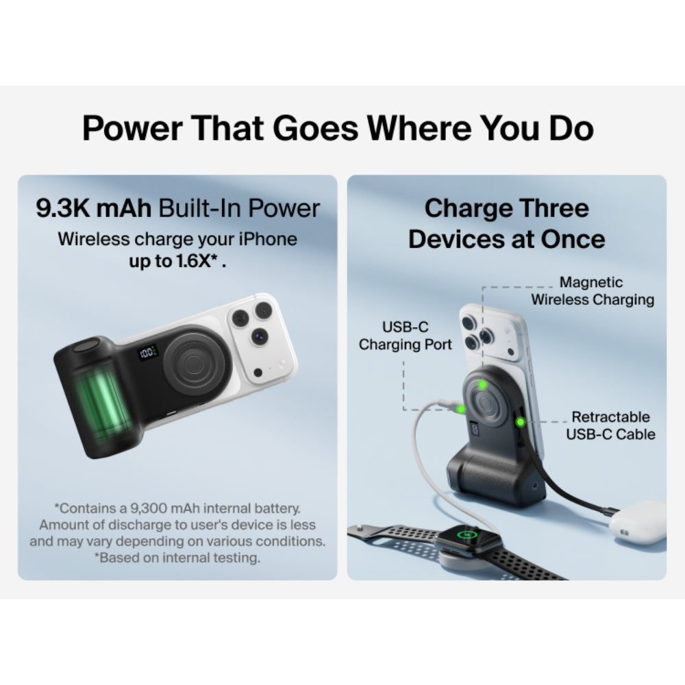 Belkin Stage Powergrip, Magnetic Wireless Charging Camera Grip 9300mAh, Power Bank w/Retractable USB C Cable, Bluetooth, Tripod Attachment, LCD Screen, Portable Charger for iPhone, Google Pixel, etc. - Gray