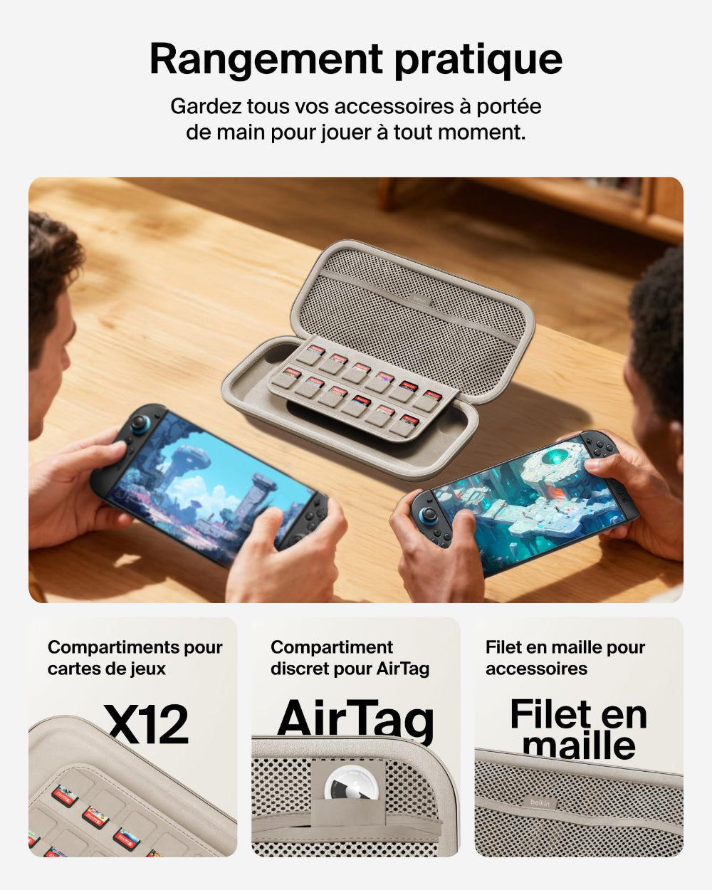 Belkin Gaming Travel Case for Nintendo Switch 2| Travel Storage Case with Game Card Storage, Hidden AirTag Pocket, Water-Resistant Exterior, Sand