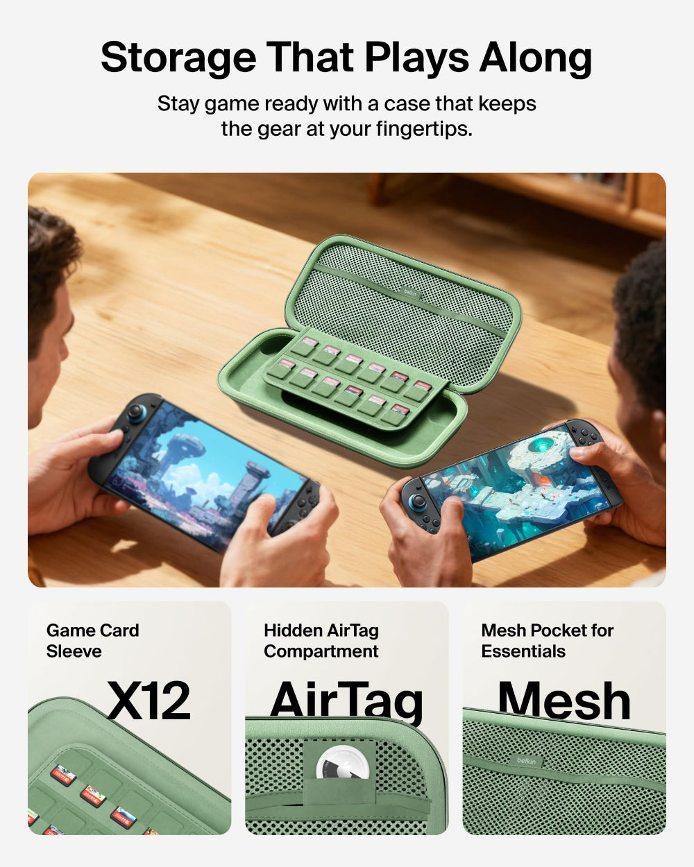 Belkin Gaming Travel Case for Nintendo Switch 2, Water-Resistant Protective Carrying Case, Game Card Storage, Hidden AirTag Pocket, Sage